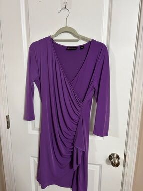 New York & Company Purple Ruched Wrap-Front Long Sleeve Dress